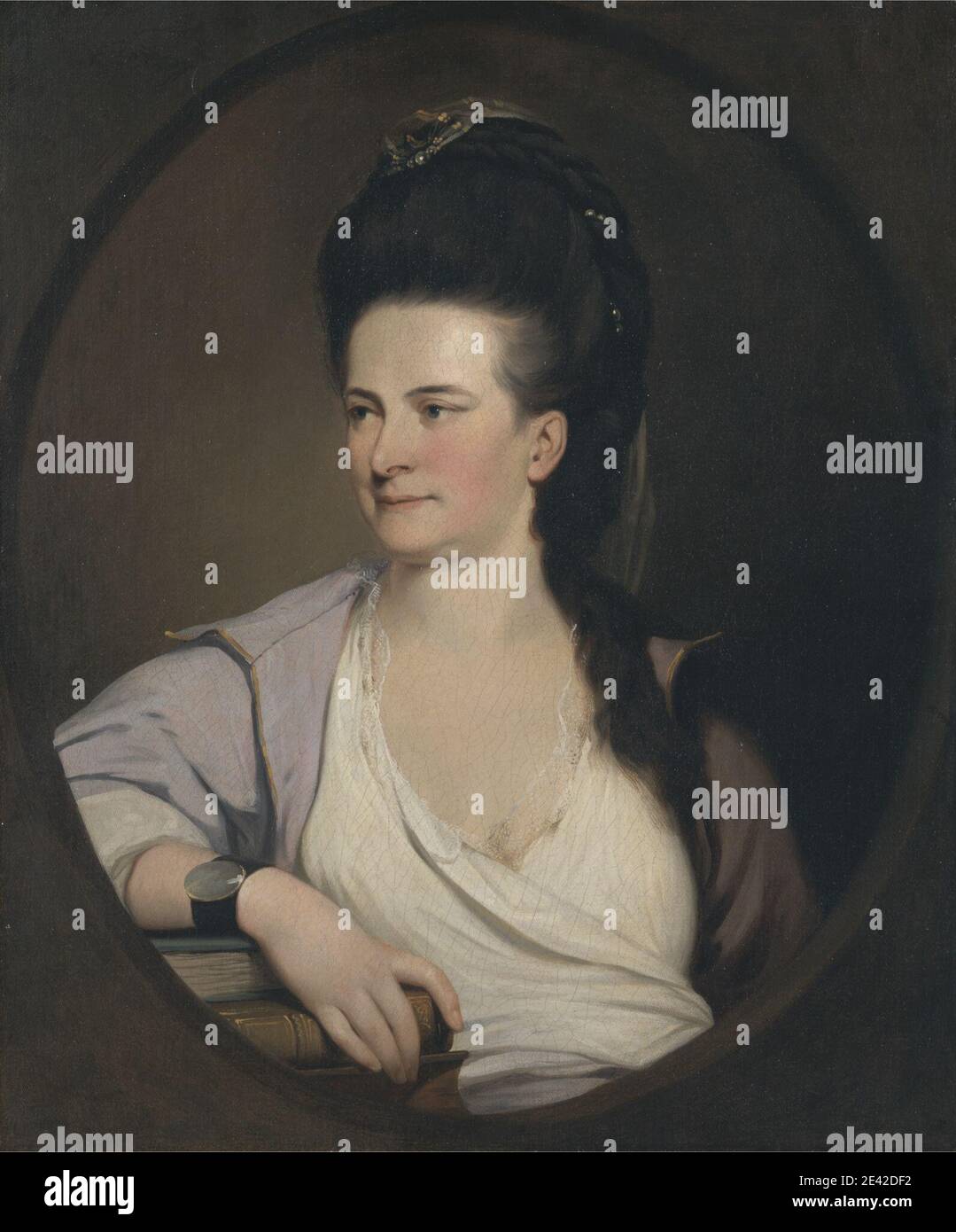 John Hamilton Mortimer, 1740â € "1779, Briten, eine unbekannte Frau, ca. 1770. Öl auf Leinwand. Bücher, Armband, Kleid, Georgisch, Haarteil, oval, Porträt, Frau Stockfoto