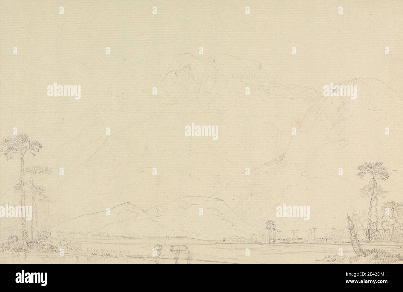 Thomas Daniell, 1749â € "1840, Briten, aktiv in Indien, Landschaft mit Figuren im Vordergrund, undated. Graphit auf Medium, leicht strukturiert, gebläute weiße, gelegte Papier; montiert auf, mäßig dick, leicht strukturiert, cremefarben, gewebt Papier. Figuren, Hügel, Landschaft, Berge, Palmen Stockfoto