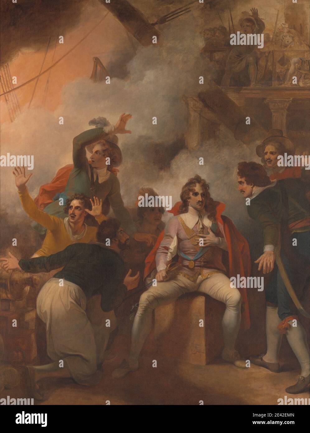 Robert Smirke, 1752â € "1845, Briten, der Earl of Sandwich weigert sich, sein Schiff während der Schlacht von Solebay, 1793. Öl auf Leinwand. Schlacht von Solebay, 7. Juni 1672 , Kanone , Deck , Niederländischer Krieg, 1672-1678 , HMS Royal James , Marine-Kunst , militärische Kunst , Takelage , Schiff der Linie , Rauch , Krieg , Kriegsschiff. England, Sole Bay, Suffolk, Vereinigtes Königreich. Montagu [Mountagu], Edward, erster earl of Sandwich (1625â € "1672), Armee und Marine Offizier und Diplomat Stockfoto