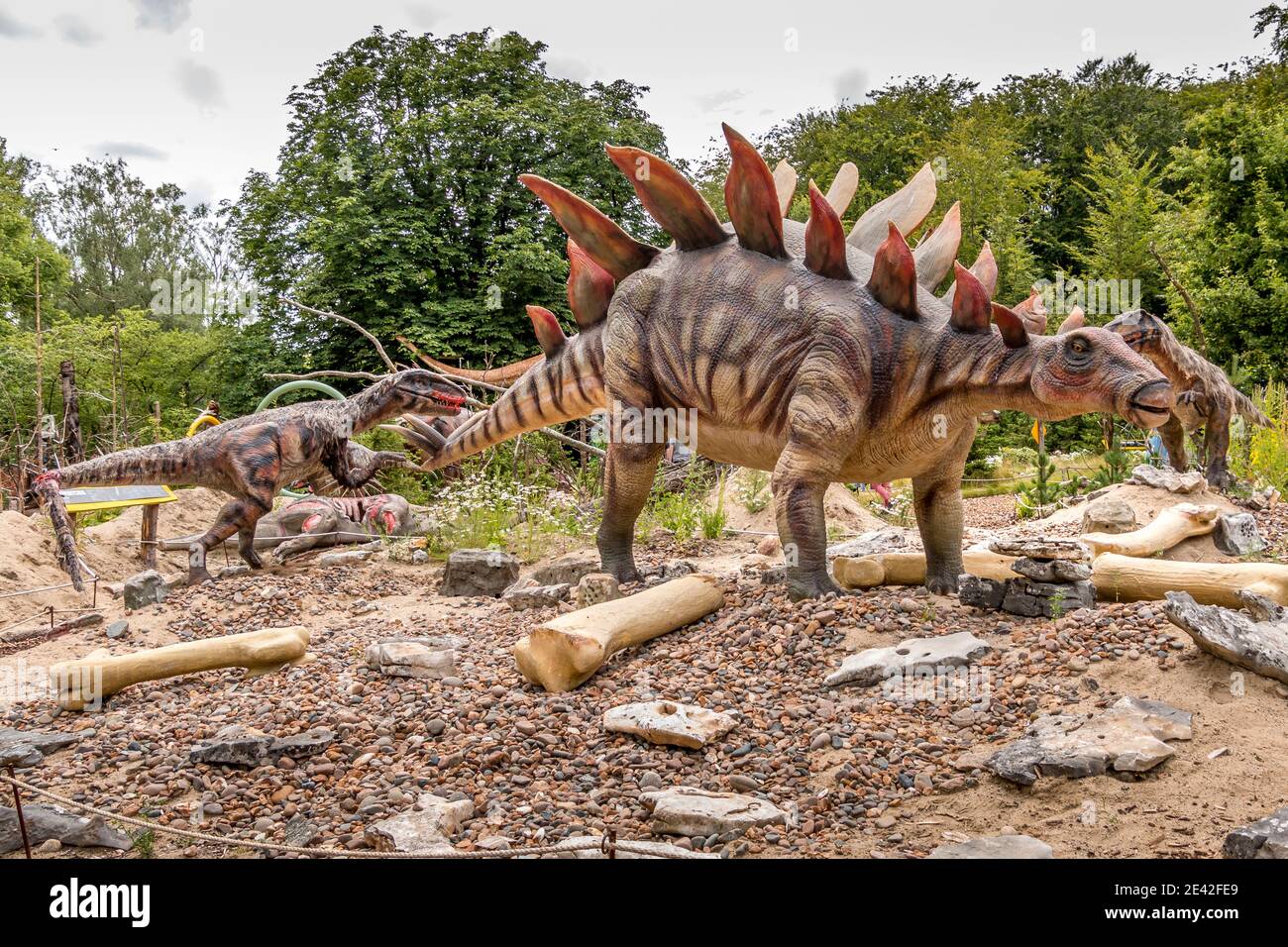 Aalborg, Dänemark - 25 Jul 2020: Dinosaurier Stegosaurus in natürlicher Umgebung und in lebensechter Größe Stockfoto