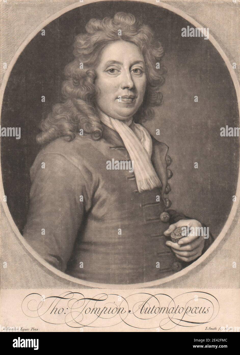 John Smith, 1652â € "1743, Briten, Porträt: Thomas Tompion. Mezzotint. Stockfoto