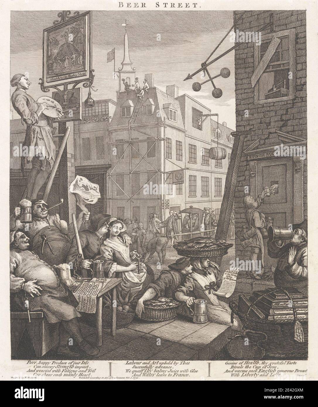 William Hogarth, 1697â € "1764, britische, Beer Street, undated. Gravur. Bier, Karikatur, Stadtbild, Genremotiv Stockfoto