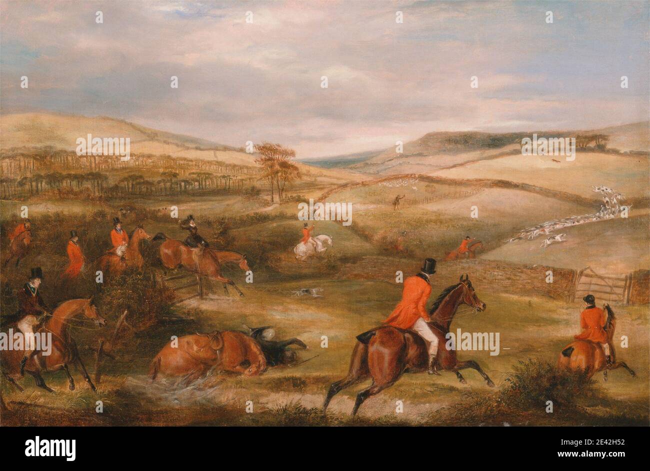 Francis Calcraft Turner, aktive 1782â € "1846, Briten, die Berkeley Hunt, 1842: The Chase, 1842. Öl auf Leinwand. Tiere, Hosen, Zaum, Jagd, jagen, Hunde (Tiere), Zaun, Feld, Tor, Hügel, Hunde (Hunde), Jäger, Jagd, Landschaft, Meister, Männer, Berge, Partei, Weg, Reitstiefel, Reitgewohnheit, Straße, Laufen, Sattel, Sportkunst, Sportler, Top-Hüte, Wand, Frauen. Berkeley , England , Gloucestershire , South Gloucestershire , Vereinigtes Königreich Stockfoto