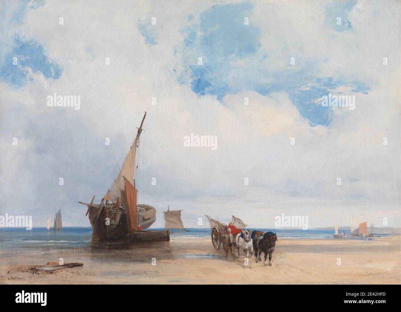 Richard Parkes Bonington, 1802â € "1828, britische, beached Schiffe und ein Wagon in der Nähe von Trouville, ca. 1825. Öl auf Leinwand. Strand, blau, gebrochen, Wolken, Wolken, Küste, Pferde (Tiere), Licht, Luger, Meer, Ruinen, Segel, Sand, Meer, Seesicht, Schiffe, Ufer (Landform), Himmel, Schiffe (Wasserfahrzeug), Wagen. Basse-Normandie , Calvados , Frankreich , Trouville Stockfoto