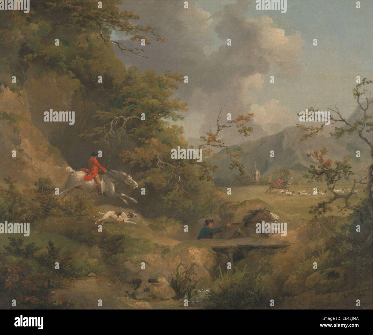 George Morland, 1763â € "1804, Briten, Foxhunting in Hügelland, 1792. Öl auf Leinwand. Tiere, Hosen, Brücke (gebaut Arbeit), jagen, Kirche, Wolken, Hunde (Tiere), fallen, Fuchs (Tier), Fuchsjagd, Hunde (Hunde), Jagd, Jäger, Jagd, Landschaft, Berge, Reitstiefel, Laufen, Sportkunst, Kirchturm Stockfoto