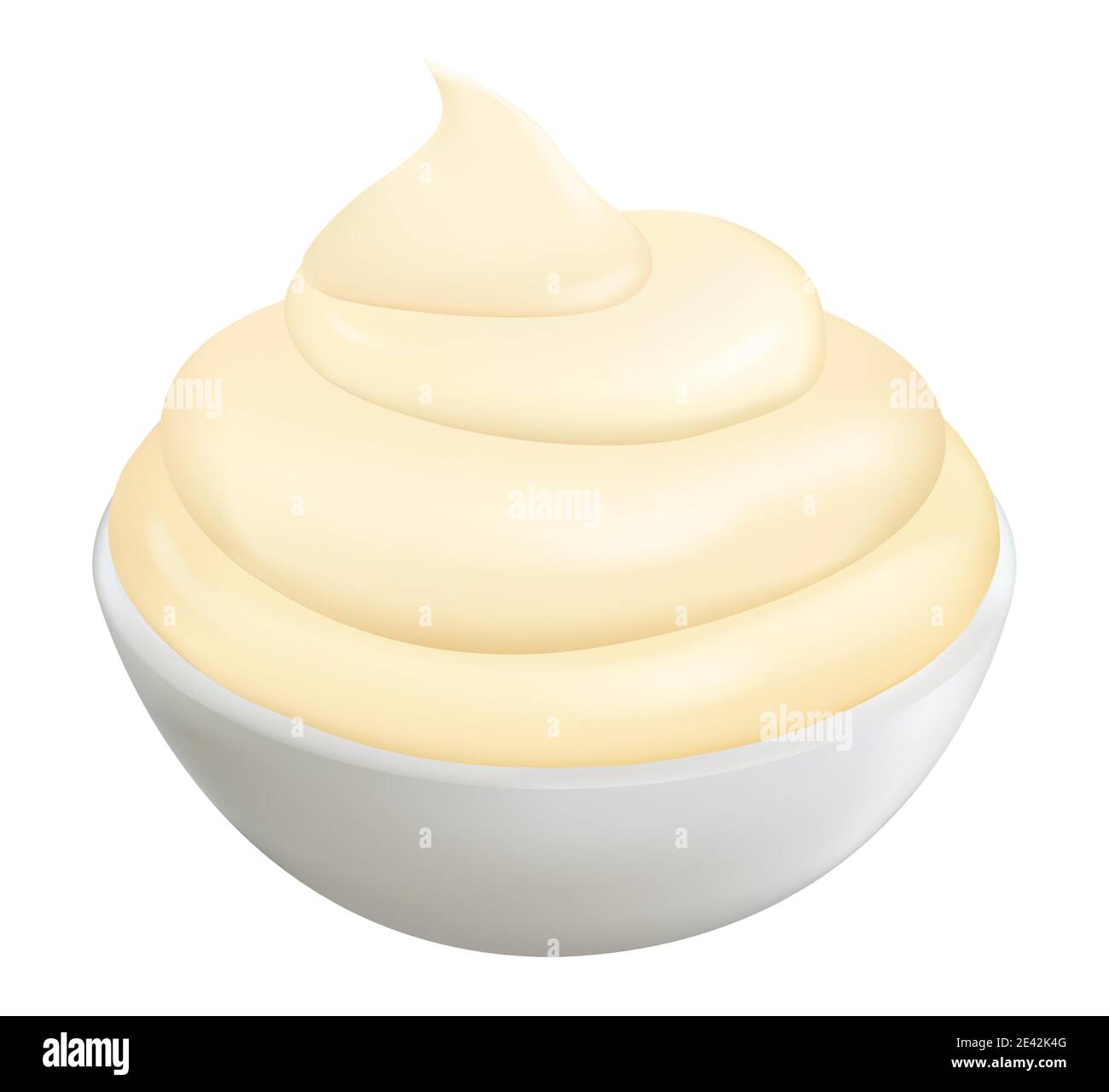 Realistische 3d Mayonnaise in kleiner runder Schale. Cremige Sauce isoliert auf weißem Hintergrund, Seitenansicht.Konditionierung in Ramekin Vektor-Illustration. Stock Vektor