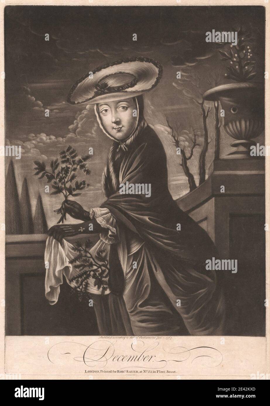 Druck von unbekanntem Künstler, 18. Jahrhundert, Dezember, 1767. Mezzotinta auf mittelschwerem, leicht strukturiertem, cremefarbenen Papier. Stockfoto