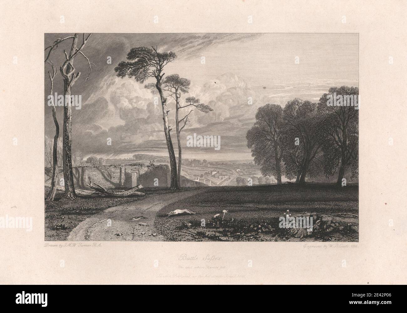 Print made by William Bernard Cooke, 1778â € "1855, British, Battle Abbey, der Ort, wo Harold fiel, 1816. Radierung und Liniengravur; später Kupferstichproof indien-Papier auf mittlerem, leicht strukturiertem, cremefarbenen Wove-Papier mit Chine-collÃ©. Stockfoto