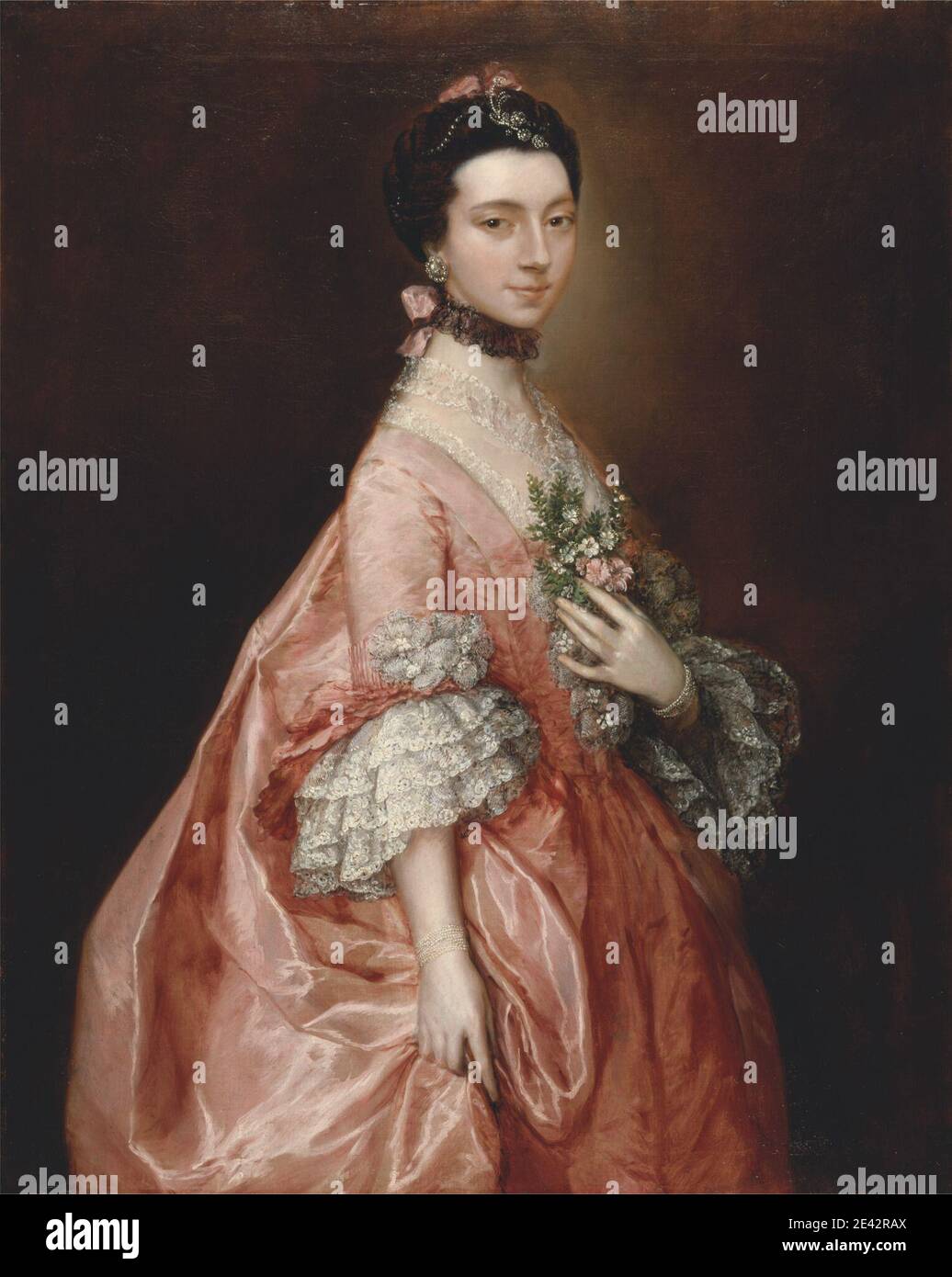 Thomas Gainsborough RA, 1727â € "1788, Briten, Mary Little, später Lady Carr, ca. 1765. Öl auf Leinwand. Armband, engageantes, Stoffe, Blumen (Pflanzen), Haarschmuck, Juwelen, Spitze, Porträt, Robe Ã la franÃ§aise, Rüsche, Seide, Texturen, Frau Stockfoto