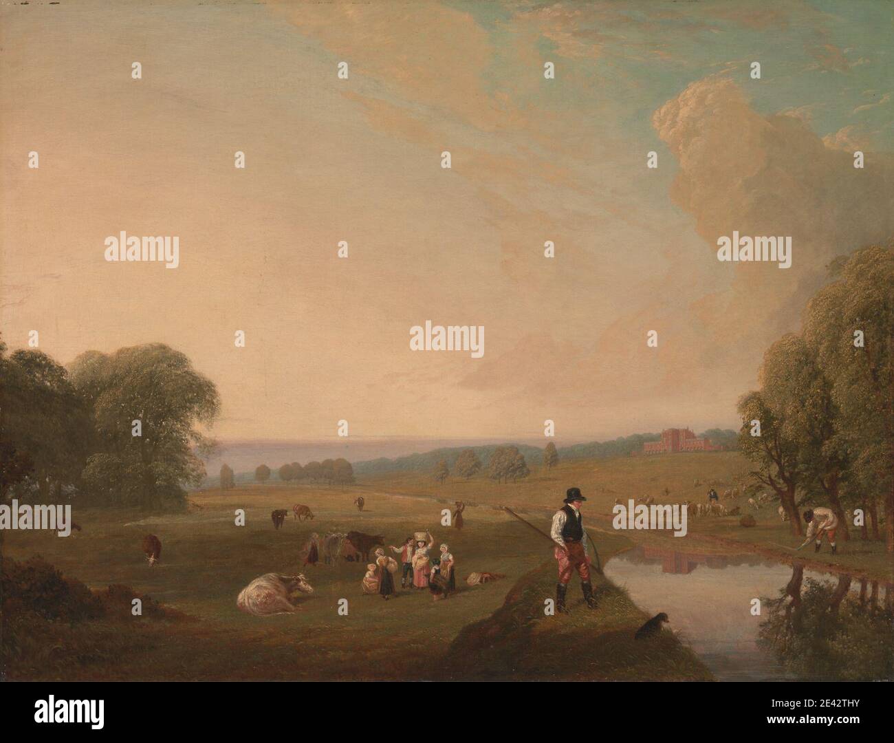 John James Chalon, 1778â € "1854, Französisch, aktiv in Großbritannien, EIN Blick auf Theobald's Park, Hertfordshire, ca. 1840. Öl auf Leinwand. Tiere, Stiefel, Hosen, Eimer, Rinder, Kinder, Hund (Tier), Wohnung, Familie, Ackerland, Felder (landwirtschaftliche Flächen), Weiden, Hügel, Haus, Arbeiter, Landschaft, Vieh, Männer, Palast, Weide, Hemd, Stream , Werkzeug , Hut , Weste , Ansicht , Wasser , Frauen , Arbeiter . Cheshunt , England , Hertfordshire , Vereinigtes Königreich Stockfoto