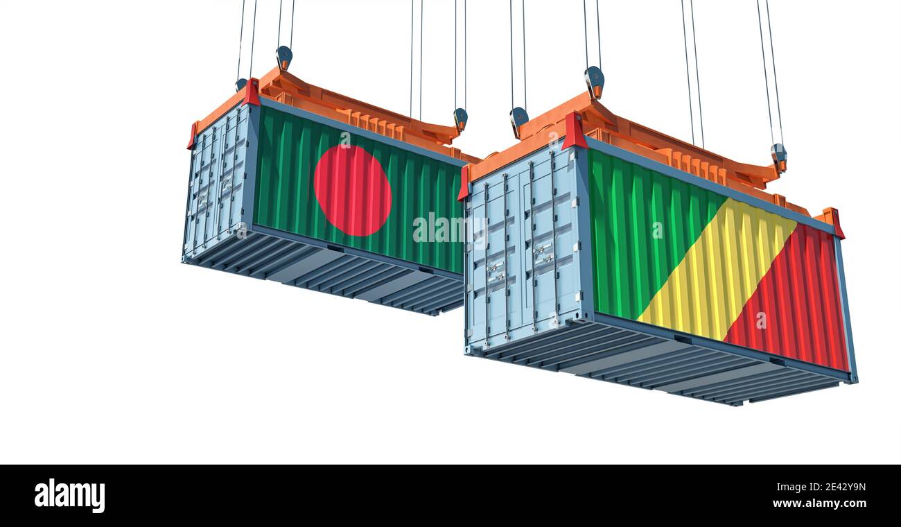 Frachtcontainer mit der Flagge der Republik Kongo und Bangladesh. 3D-Rendering Stockfoto