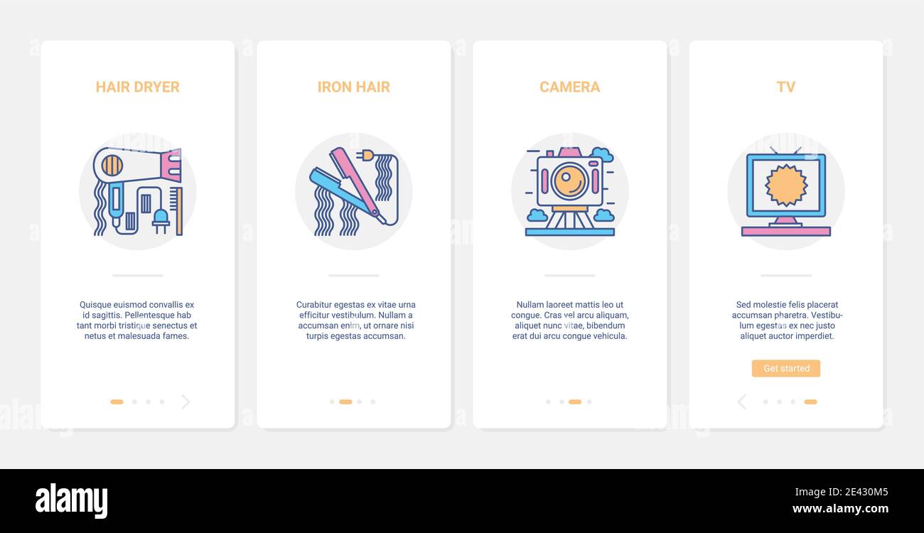 Haushaltsgeräte, Beauty-Gadgets für Elektronik speichern Vektor Illustration. UX, UI Onboarding mobile App Seite Screen Set mit Linie Haartrockner und Haarbügeln für Haarpflege Verfahren, TV-Kamera Symbole Stock Vektor