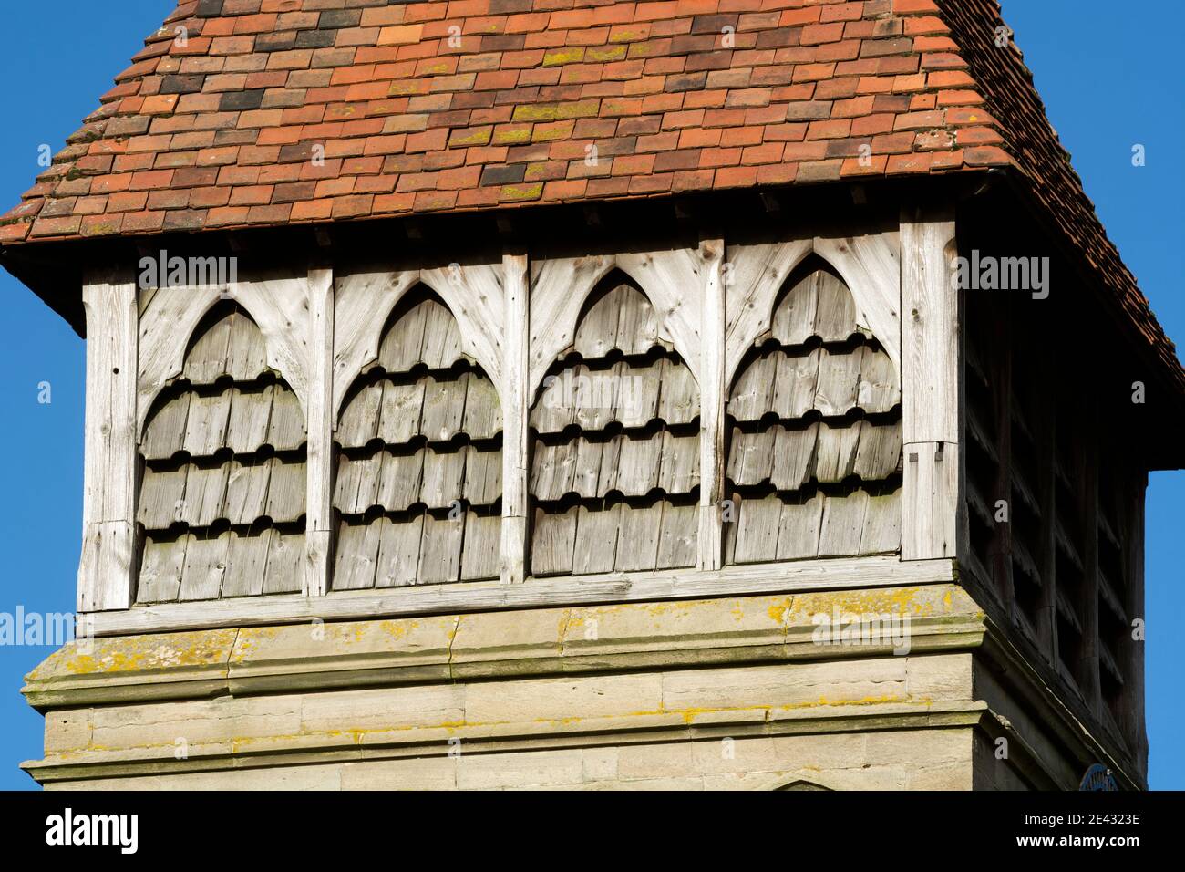 Turmdetails, St. James the Great Church, Old Milverton, Warwickshire, Großbritannien Stockfoto