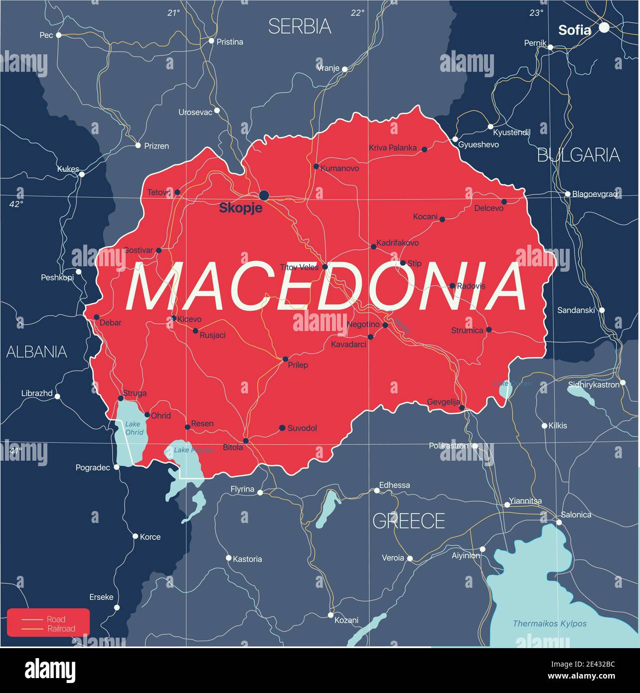 Mazedonien Land detaillierte editierbare Karte mit Regionen Städte und Städte, Straßen und Eisenbahnen, geografische Standorte. Vector EPS-10-Datei Stock Vektor