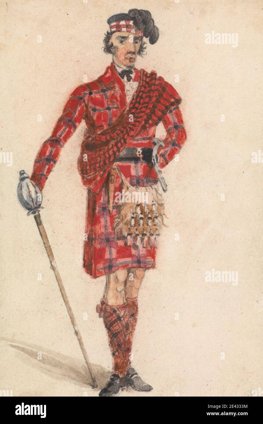 George Walker, aktiv 1792â € "starb 1795, Briten, Schotte mit Schwert; Modern Dress eines Highland Chieftan, undated. Aquarell und Graphit auf mittlerem, glattem, cremefarbenem Wove-Papier. Gürtel (Kostümzubehör), Schleife (Kostümzubehör), Fliege, Kostüm, Figurenstudie, Highland-Kostüm, Jacke, Kilt, Schärpe (Quilt-Komponente), Schotte, Sporran, Strümpfe, Schwert, Tartan Stockfoto