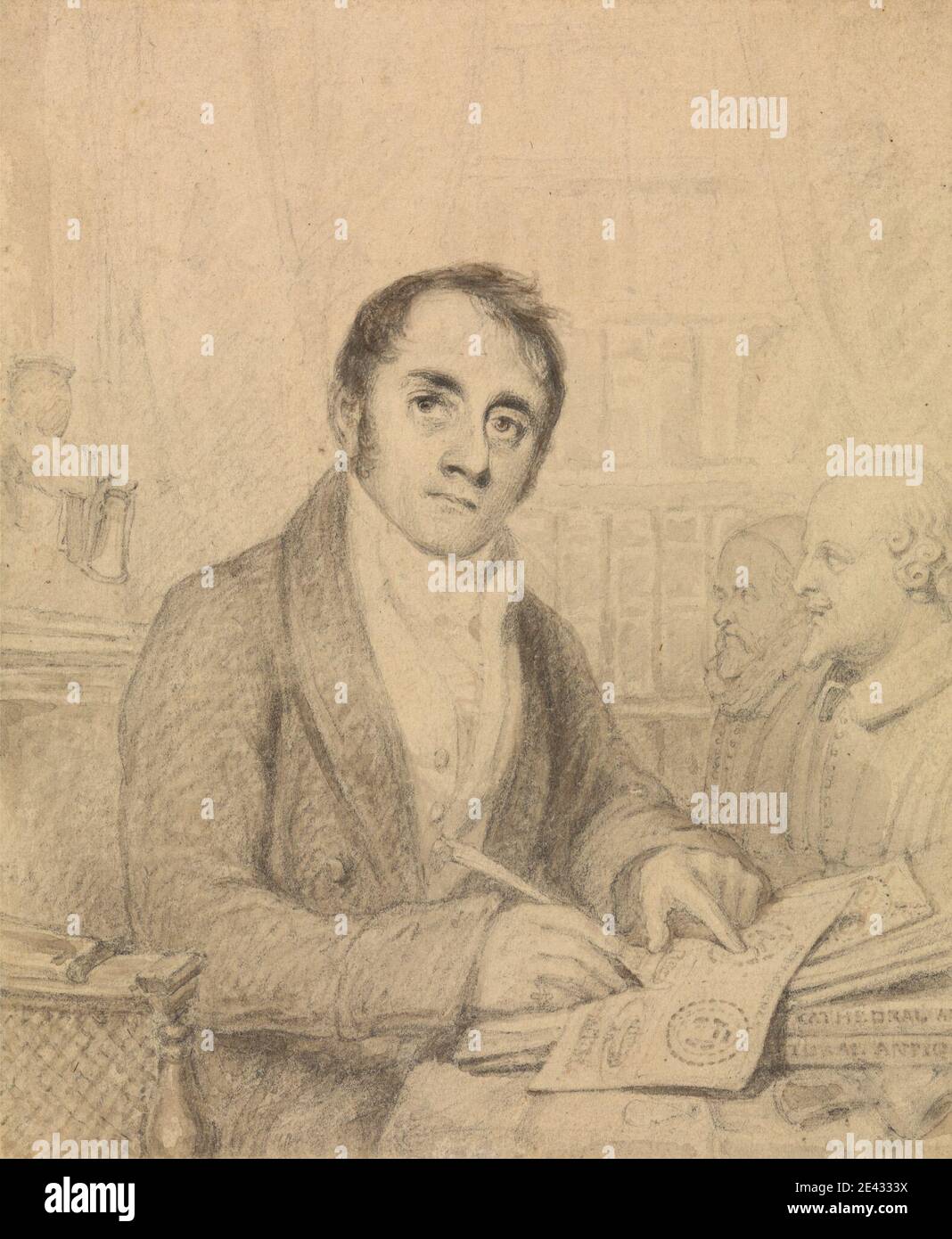 Thomas Uwins, 1782â € "1857, Briten, John Britton, F.S.A, ca. 1820. Graphit und grau waschen und braun waschen auf Medium, leicht strukturiert, Creme Wove Papier. Bücher, Büsten, Porträt. Britton, John (1771â € "1857), Antiquar und Topograph Stockfoto