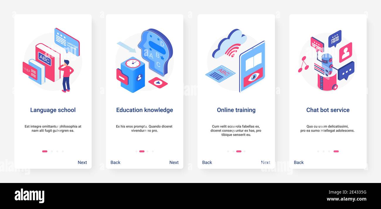 Isometrischer Online-Schulungskurs, Vektordarstellung. UX, UI Onboarding mobile App Seite Bildschirm mit Cartoon 3d pädagogische Symbol der Schüler Wissen, Sprachschule, Chat bot Service Stock Vektor