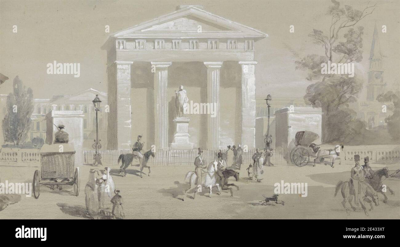 Sir Charles D'Oyly, 1781â € "1845, Briten, aktiv in Indien, Blick auf Kalkutta und seine Umgebung: Statue des Marquis Warren Hastings in Tank Square - Kalkutta, undated. Aquarell, weiße Gouache, Grauwäsche und Graphit auf mäßig dickem, mäßig strukturiertem, blaugrauem, webtem Papier. Architektonisches Motiv Stockfoto