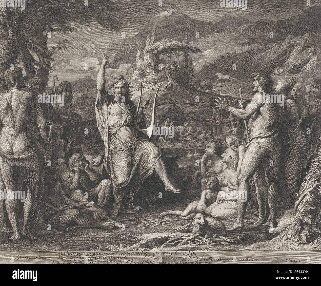 James Barry, 1741â € "1806, Irisch, Orpheus instructing..in Theologie (Entwürfe für die Wände des Großen Raumes der Gesellschaft für die Förderung der Künste), nach 1783. Gravur. Stockfoto