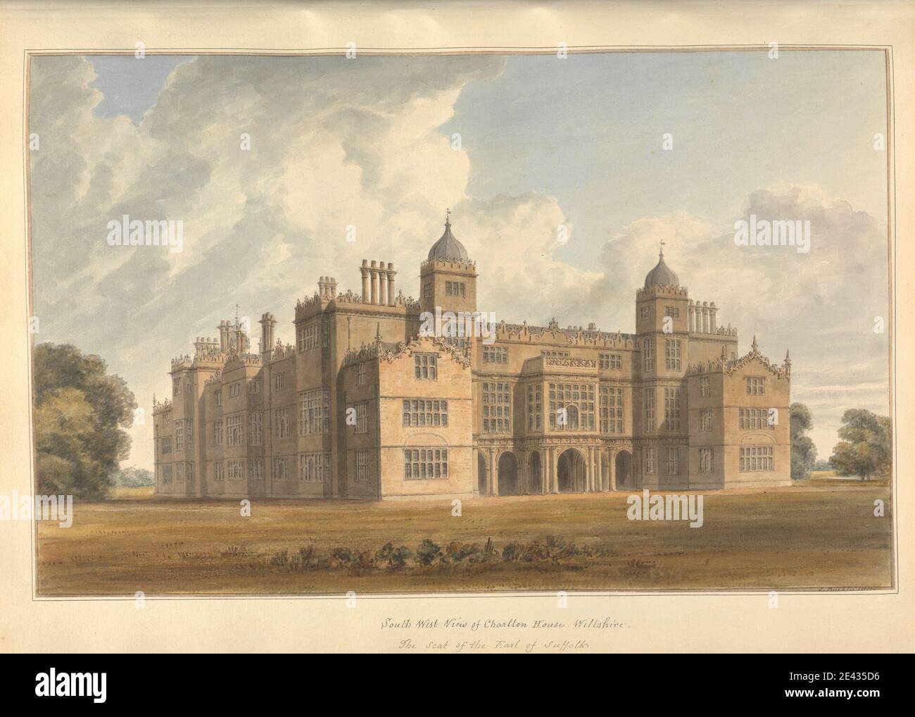 John Buckler FSA, 1770â € "1851, British, South West Blick auf Charlton House Wiltshire der Sitz des Earl of Suffolk, 1810. Aquarell und Stift und schwarze Tinte auf mäßig dicken, cremefarbenen Wove Papier. Bögen, architektonisches Thema, Kamine, Landhaus, Finanzen, Jacobean, Loggia, Pfosten, Brüstungen, Türme, Fenster. Charlton Park , England , Europa , Malmesbury , Großbritannien , Wiltshire Stockfoto