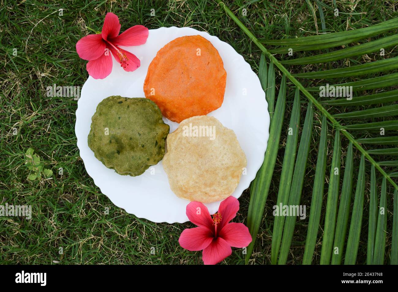 Indische Flagge dargestellt durch Farben von Safran, weiß und grün von Lebensmitteln für die indische republik Tag Feier Stockfoto
