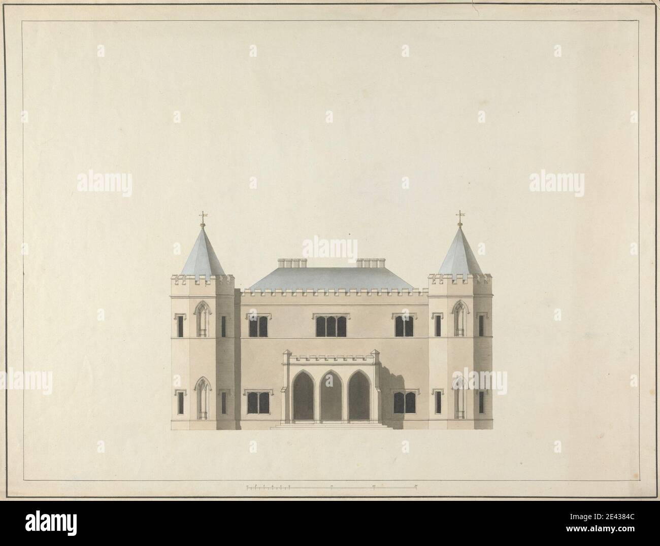 James Wyatt, 1746â € "1813, britische, fünf Entwürfe für ein Haus in der gotischen Stil: Elevation, 1791. Aquarell und grau waschen auf Stift und schwarze Tinte auf mäßig dickem, leicht strukturiertem, cremefarbenem Wove-Papier. Architektonisches Motiv, Kamine (architektonische Elemente), Höhen (Zeichnungen), Treppen Stockfoto