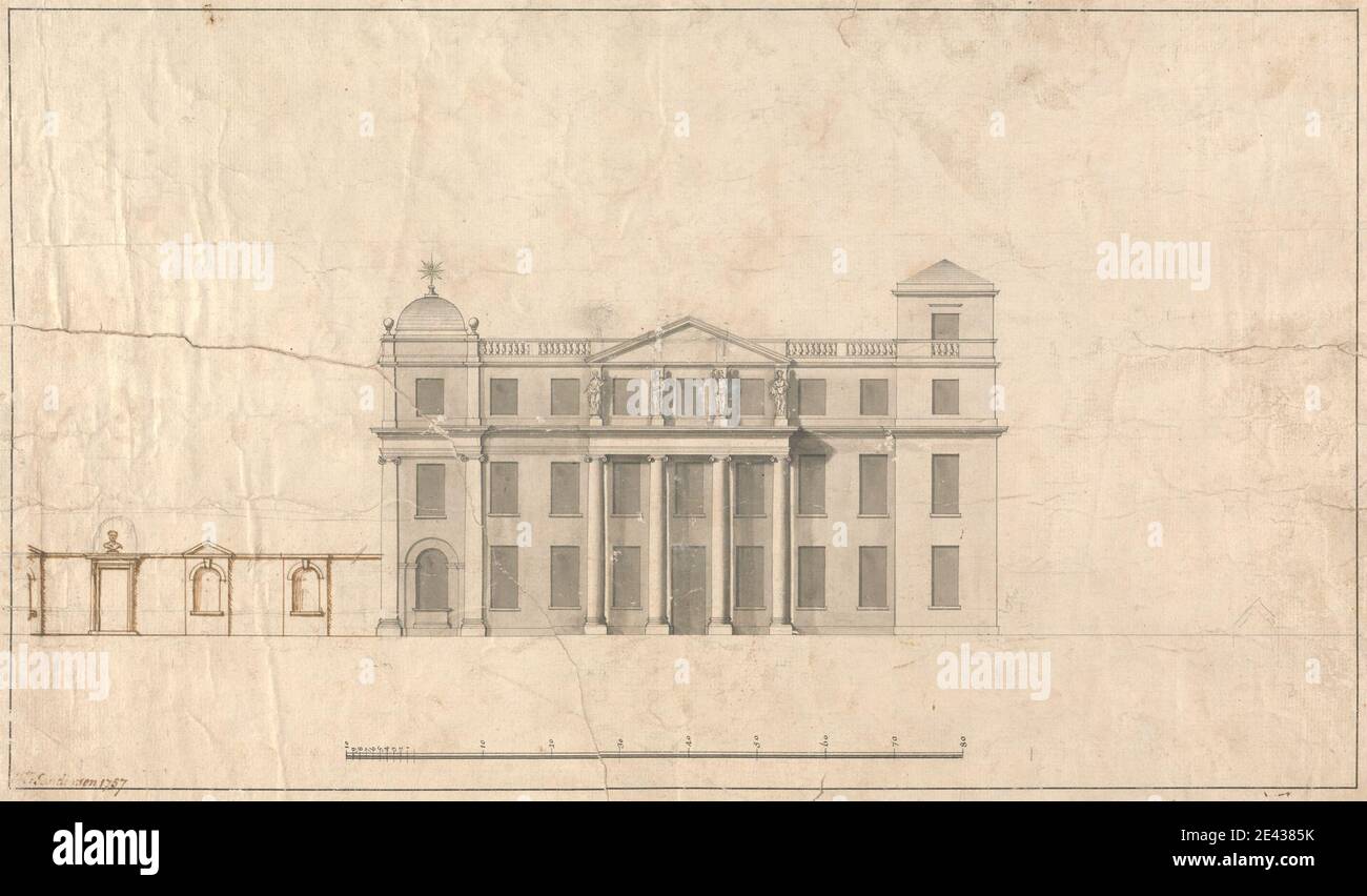 John Sanderson, aktiv 1730â € "starb 1774, Briten, Langley Park, Norfolk: Elevation, 1757. Stift und schwarz, braun, Und graue Tinte mit grauem Wasch und Graphit auf Medium, leicht strukturiert, creme gelegt Papierstab Skala von 1/8 Zoll bis 1 Fuß. Architektonische Thema, Säulen (architektonische Elemente), Erhebungen (Zeichnungen), Haus, Ionische Ordnung, Palladian, Pläne (Zeichnungen), Statuen, Türmchen (Türme), Fenster. England , Europa , Loddon , Norfolk , Vereinigtes Königreich Stockfoto
