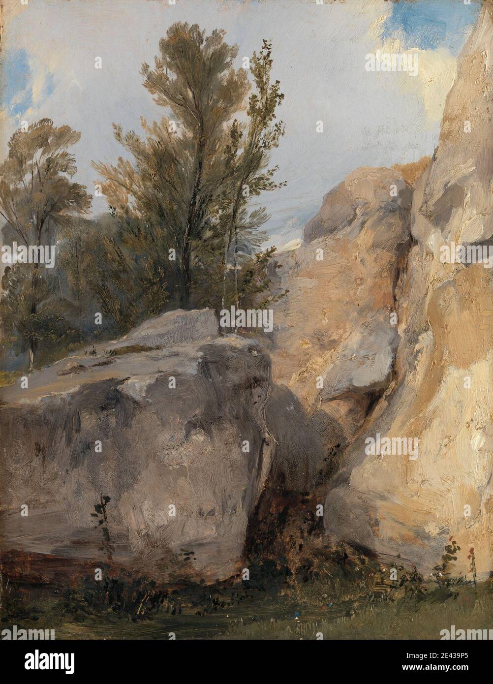 Richard Parkes Bonington, 1802â € "1828, Briten, im Wald in Fontainebleau, ca. 1825. Öl auf Mühlbrett. Felsbrocken, Wolken, Wald, Landschaft, Natur, Pflanzen, Wissenschaft, Schattierung, Skizzen, Bäume. Europa , Fontainebleau , Frankreich , seine-et-Marne , ÃŽle-de-France Stockfoto