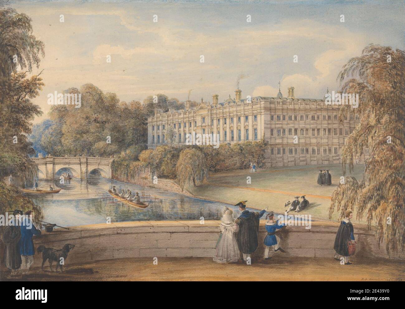 Richard Banks Harraden, 1778â € "1862, britische, Clare College, Cambridge, 1841. Aquarell, Feder und graue Tinte, Gouache, schwarze Kreide, Gummi und Graphit auf Wove Papier. Architekturmotiv, Hochschule, Figuren, Genre Thema, Fluss Stockfoto