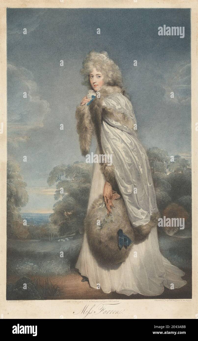 Druck gemacht von Francesco Bartolozzi RA, 1728â € “1815, Italienisch, aktiv in Großbritannien (1764â € “99), Miss Farren, 1792. Farblich bedruckte Radierung und Stippelgravur mit Handfärbung in Aquarell (evtl. fünfter Zustand) auf mittelschwerem, leicht strukturiertem, cremefarbenen Papier. Stockfoto