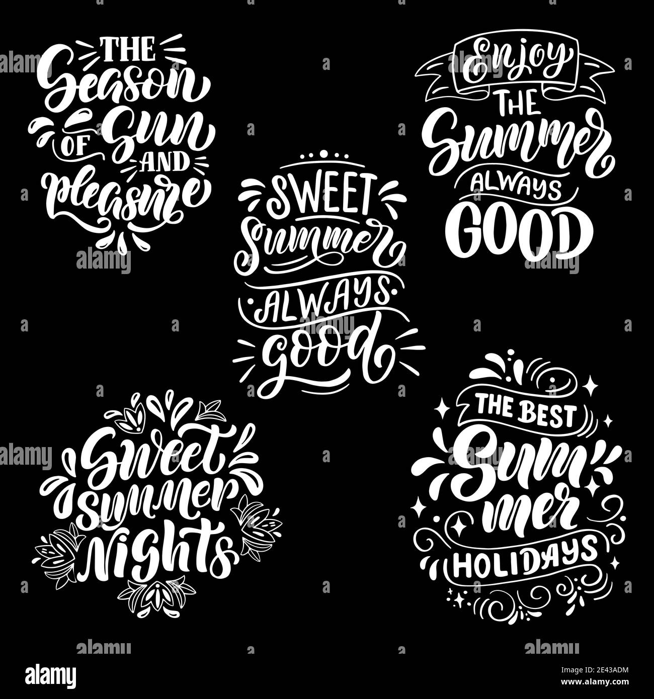 Set von Beschriftungskompositionen über den Sommer in Vektorgrafiken, auf schwarzem Hintergrund. Für die Gestaltung von Plakaten, Bannern, Drucken für T-Shirts, Covers Stock Vektor