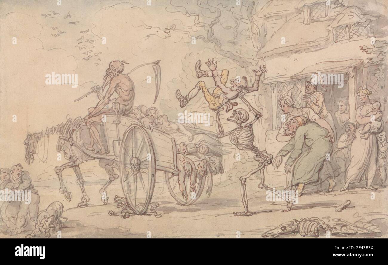 Thomas Rowlandson, 1756â € "1827, Briten, Zeit und Tod und Goody Barton, undated. Aquarell mit Feder und rot-braun und grau-braune Tinte, über Graphit auf Medium, mäßig strukturiert, gebläute weiße, wove Papier. Allegorie, Allegorie der Zeit und Ewigkeit, Knochen (Material), Kinder, Hütte, Tod, Hunde (Tiere), Sterben, ältere Menschen, Genre Thema, Männer, Sichel, Skelette, Himmel, Wagen, Frauen, Jugend Stockfoto