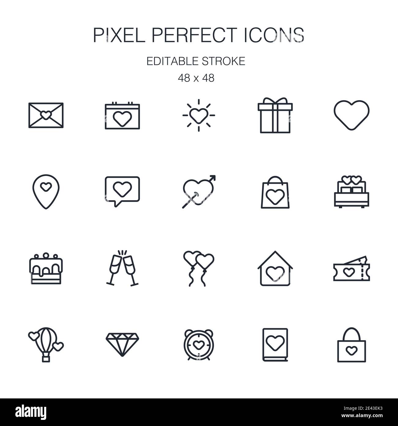 Liebe in Verbindung stehende Vektor-Linie Symbole für Valentinstag eingestellt. Pixel perfekte Symbole mit bearbeitbarer Kontur isoliert auf weißem Hintergrund mit 48 x 48 Pixel DIM Stock Vektor