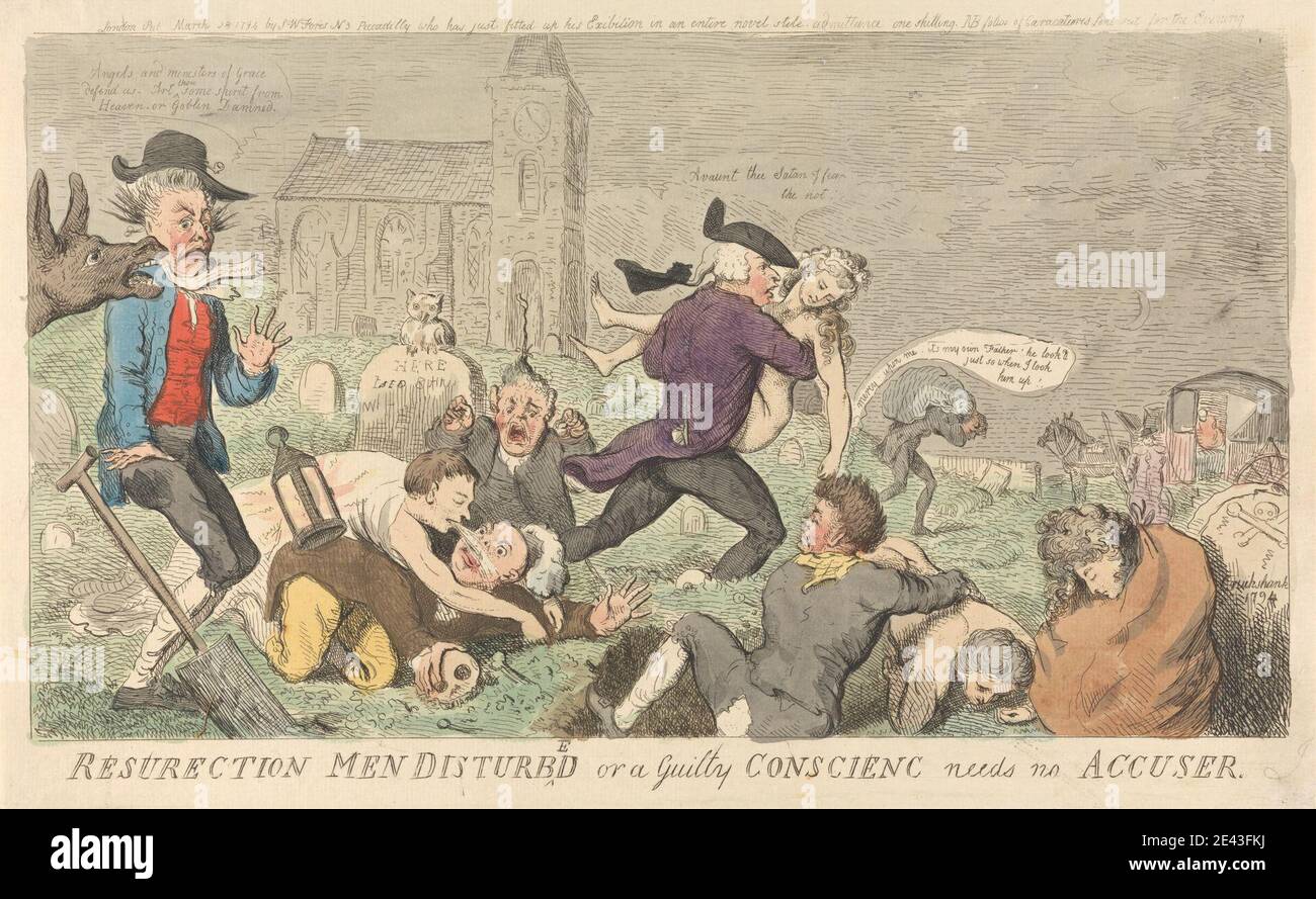 Isaac Cruikshank, 1756â € "1810, Briten, Resurction (sic) Männer gestört, oder ein schlechtes Gewissen braucht keinen Ankläger (aus: Karikatur, Band 3), 1794. Radierung, handfarbig. Stockfoto