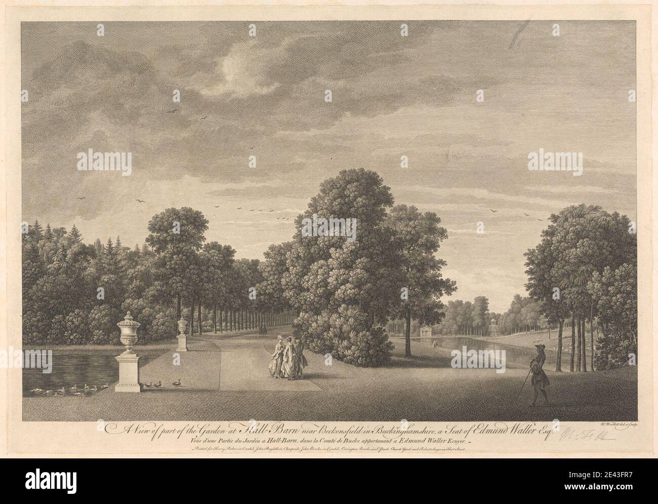 William Woollett, 1735â € "1785, Briten, EIN Blick auf den Garten in Hall-Barn in der Nähe von Beckonsfield in Buckinghamshire, ein Sitz von Edmund Waller Esq. Gravur. Stockfoto