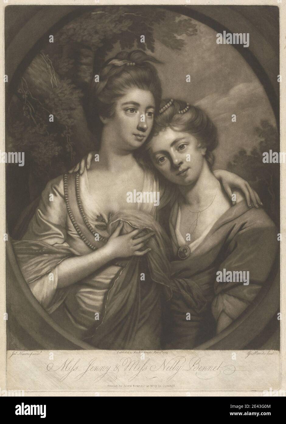 Druck von Giuseppe Marchi, ca. 1735â €"1808, Italienisch, Miss Jenny & Miss Nelly Bennett, 1773. Mezzotinta auf mittelschwerem, leicht strukturiertem, cremefarbenen Papier. Stockfoto