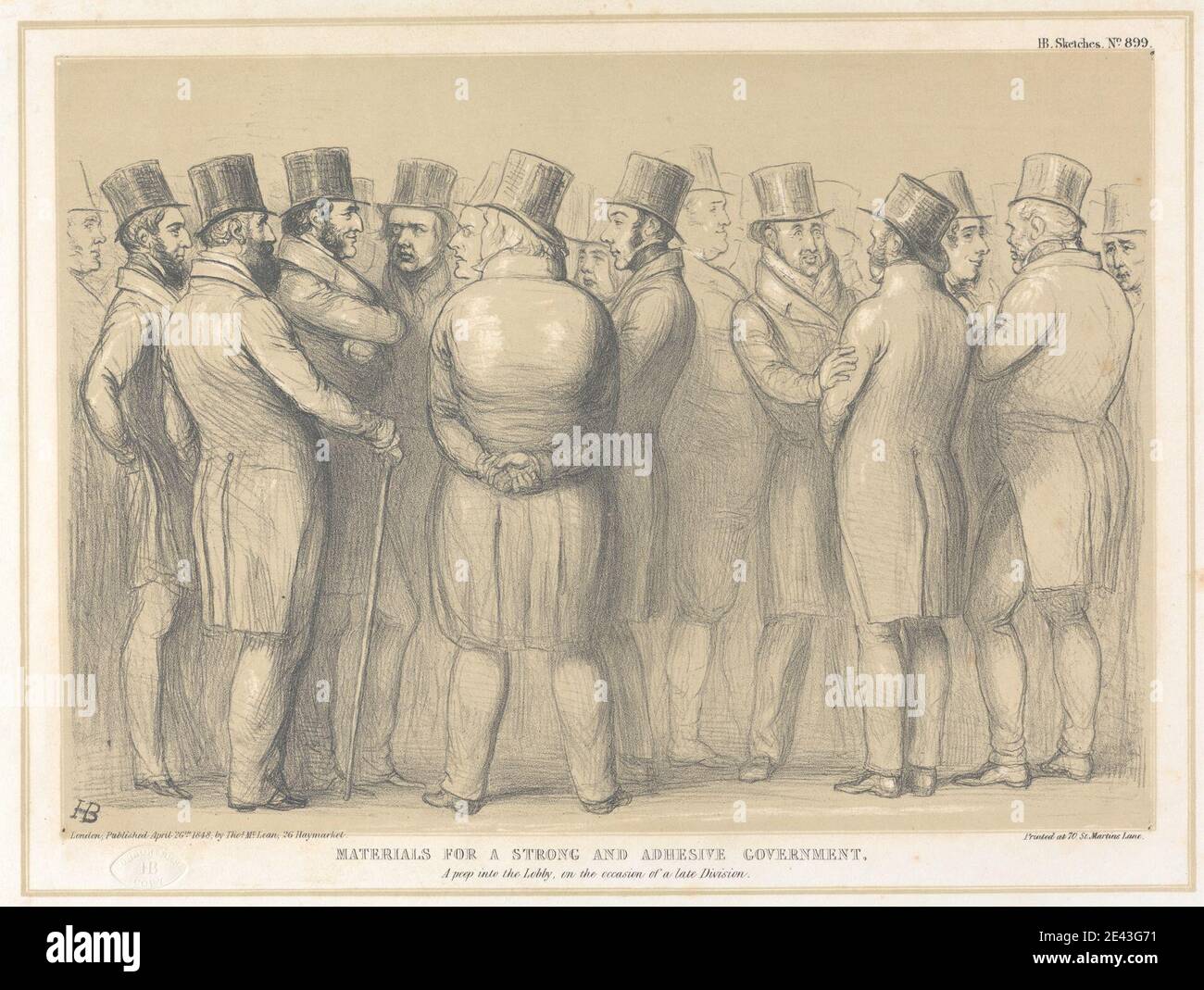 Druck von John Doyle ('H.B.'), 1797–1868, Irisch, Materialien für eine starke und selbstklebende Regierung: Ein Blick in die Lobby, anlässlich einer späten Abteilung, 1848. Lithographie in braun und schwarze Tinte auf mäßig dicken, glatten, beige Wove Papier. Wütend, Bärte, Stöcke, Menge, Diskussion, Phantasie Kleid, Sammlung, Genre Thema, Gestik, Regierung, glücklich, Lobby, Materialien, Männer, Adligen, Parodie, politisch, Politiker, Satire, Satire, Geschrei, Skizzen, Reden, Hüte. Nugent, George Thomas John, 1. Marquess und 8. Earl of Westmeath (1785-1871), Politiker Bright Stockfoto