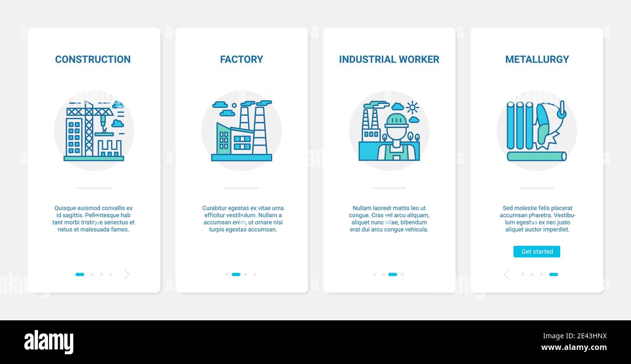Metallurgie Industrie, Anlagenbau Vektor Illustration. UX, UI Onboarding mobile App Seite Bildschirm mit Linie industriellen Symbole der Stahlproduktion, metallurgische Fabrikarbeiter, Herstellung Stock Vektor