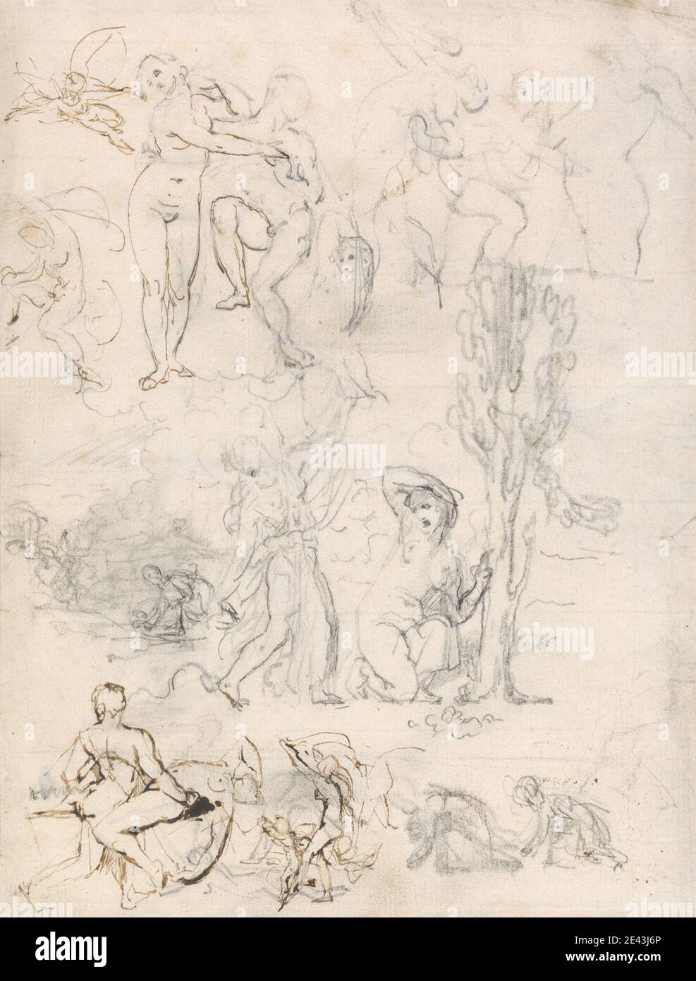 Zugeschrieben William Etty, 1787â € "1849, britische, Blatt der Skizzen, undatiert. Graphit und Stift und braune Tinte auf dünnem, dünn strukturiertem, cremefarbenen Papier. Tanz, Figurenstudie, Figuren, Männer, Skizzen, Baum, Frauen Stockfoto