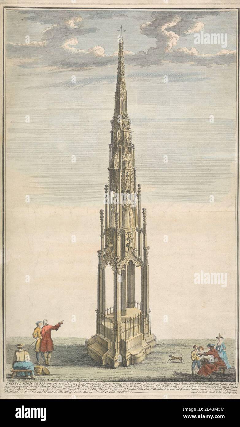 Druck gemacht von Samuel Buck, 1696â € "1779, Britisch, Bristol High Cross, 1734. Liniengravur und Stippelgravur, handgefärbt auf mäßig dickem, leicht strukturiertem, cremefarbenen Papier. Architektonisches Motiv, Korb, Kinder, Christian, Wolken, Kreuz (Motiv), Hund (Tier), Feld, Gestik, Gold, Gras, Könige, Männer, Denkmal, Zeigen, Skulpturen, Statuen, Stein, beobachten, Frauen, Schmiedeeisen Stockfoto