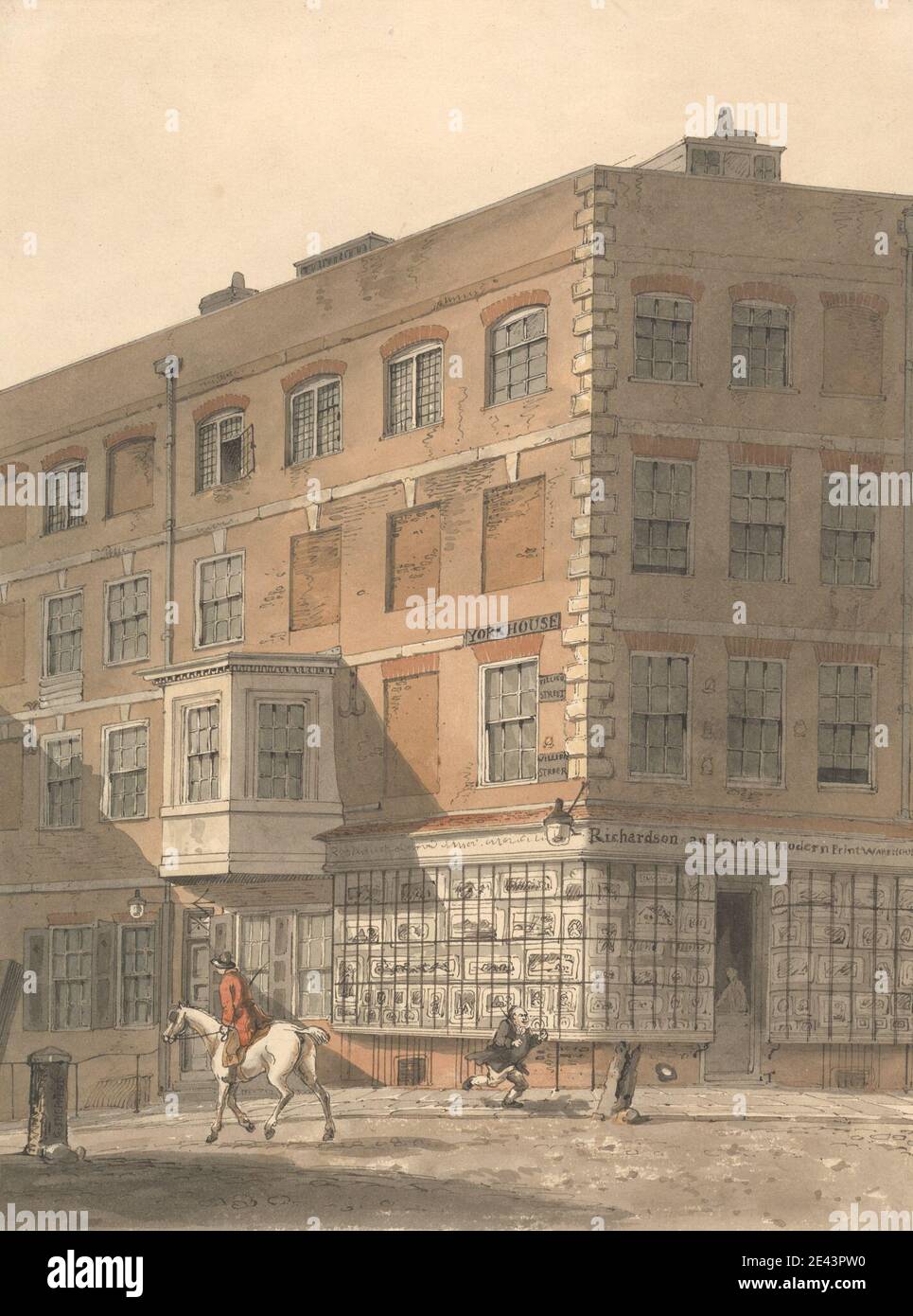 George Shepheard, ca. 1770â €"1842, British, York House, die Ecke von Villiers Street und The Strand, mit Richardson's Ancient and Modern Print Warehouse im Vordergrund, ca.. 1809. Aquarell und Feder und schwarze Tinte auf Medium, leicht strukturiert, cremefarbenem Wove Papier. Architektonisches Thema Stockfoto