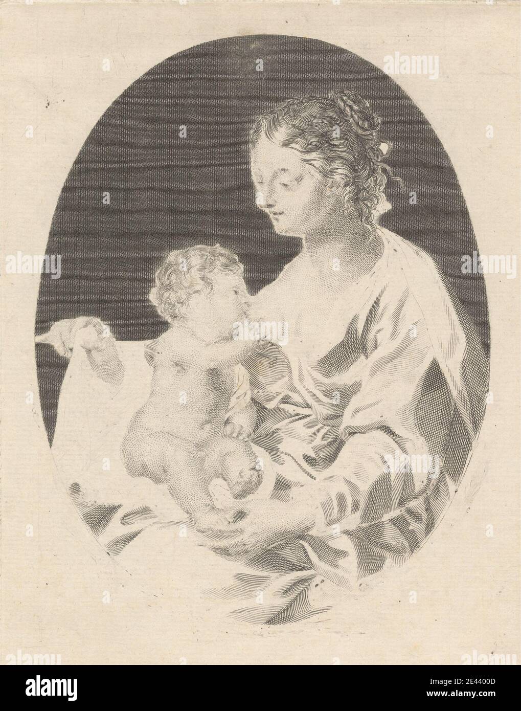 Druck gemacht von Francesco Bartolozzi RA, 1728â € “1815, Italienisch, aktiv in Großbritannien (1764â € “99), die Jungfrau und das Kind, 1770. Stipple Gravur auf mäßig dicken, modrately strukturiert, cremefarbenen Papier gelegt. Baby, schwarz, junge, Umhang, Kinder, Kleid, oval, Porträt, religiöse und mythologische Thema, weiß, Frau. Jesus Christus (7-2 v. Chr./BCE bis 30-36 n. Chr.) Maria Stockfoto