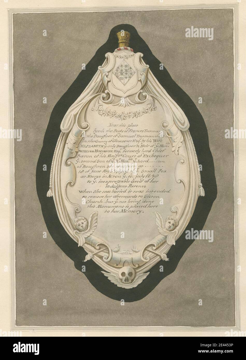 Zugeschrieben Daniel Lysons, 1762â € "1834, British, Memorial to Fraces Trotman von Acton Church, zwischen 1796 und 1811. Stift und schwarze Tinte und Aquarell auf Medium, leicht strukturiert, Creme Wove Papier. Architektonisches Thema, Kirche, Denkmal. Acton, England, Greater London, London, St Mary's Church, Vereinigtes Königreich. Trotman, Frances (1696-1698), Tochter von Samuel Trotman von Siston Gloucs. Stockfoto