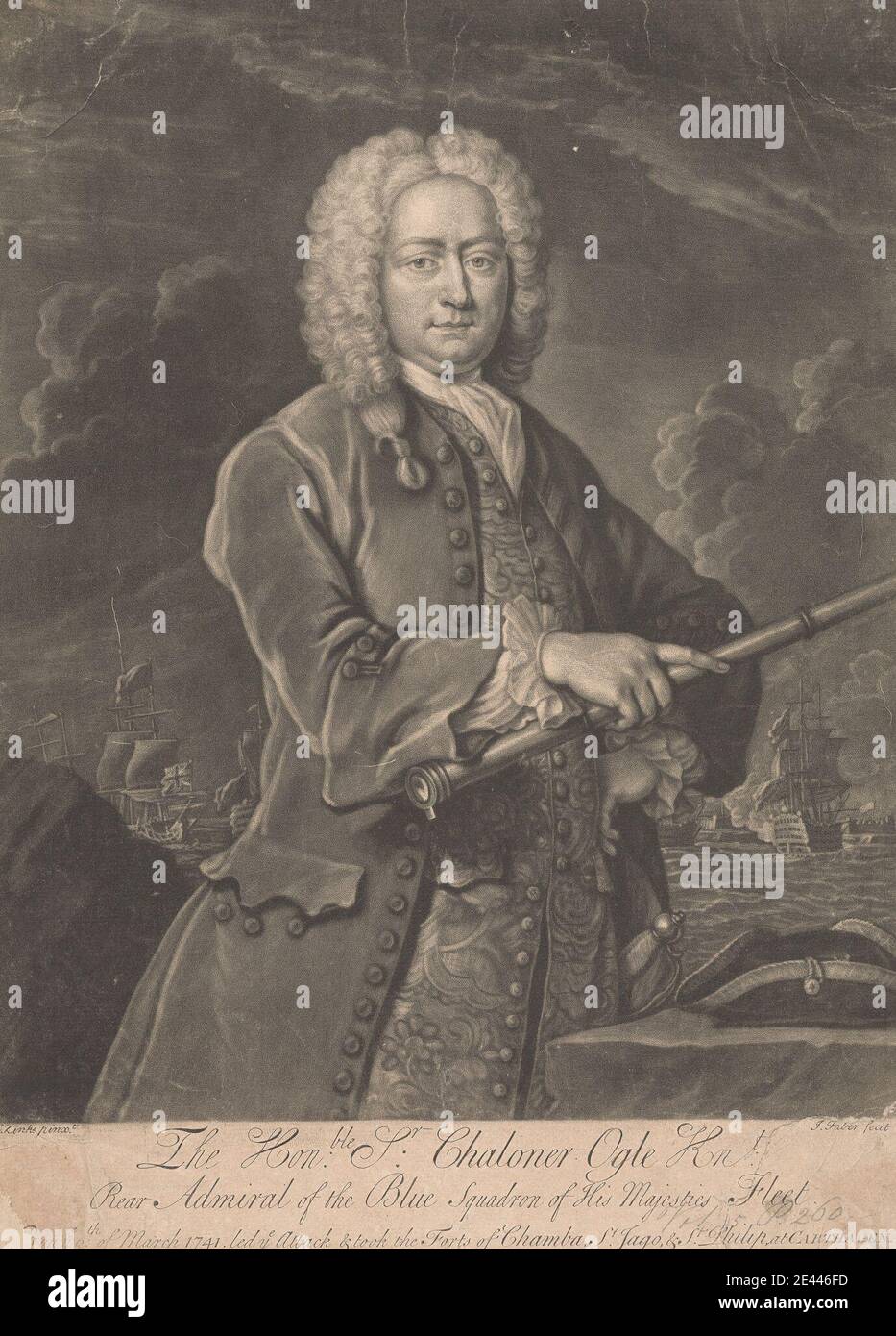 John Faber der Jüngere, ca. 1695â €"1756, Niederlandisch, aktiv in Großbritannien, Sir Chaloner Ogle, undated. Mezzotinta auf dünnem, leicht strukturiertem, beigefarbenem, gedeckten Papier, montiert auf mäßig dickem, mäßig strukturiertem, cremefarbenen, gedeckten Papier. Stockfoto