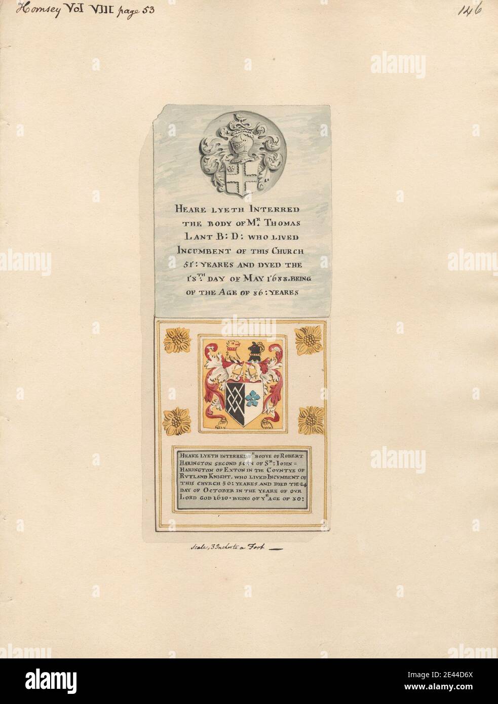 Zugeschrieben Daniel Lysons, 1762â € "1834, britische, Memorial to Thomas Lant auch Robert Harington von Hornsey Church, zwischen 1796 und 1811. Stift und schwarze Tinte, Aquarell und Gouache über Graphit auf Medium, leicht strukturiert, Creme Wove Papier. Architektonisches Thema, Kirche, Denkmal. England , Greater London , Hornsey , Hornsey Parish Church , London , Vereinigtes Königreich Stockfoto