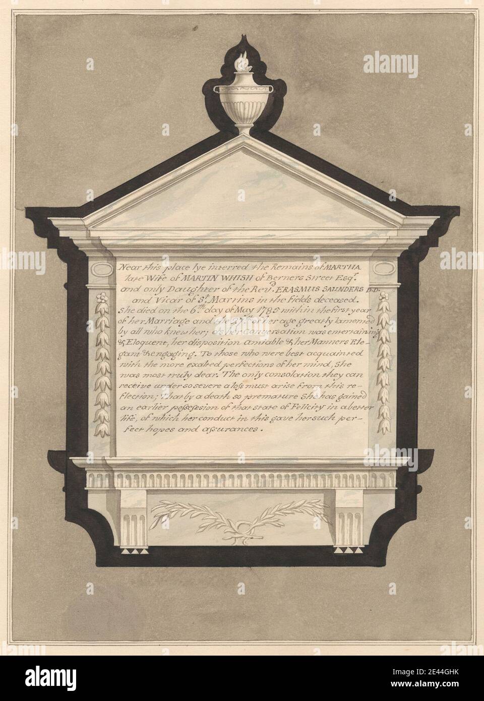 Daniel Lysons, 1762â € "1834, britische, Memorial to Mrs. Martha Wish, von Stanwell Kirche, zwischen 1796 und 1811. Stift und schwarze Tinte und Aquarell über Graphit auf Medium, leicht strukturiert, Creme Wove Papier. Architektonisches Thema, Kirche, Denkmal. England, St. Mary's Church, Stanwell, Surrey, Vereinigtes Königreich Stockfoto