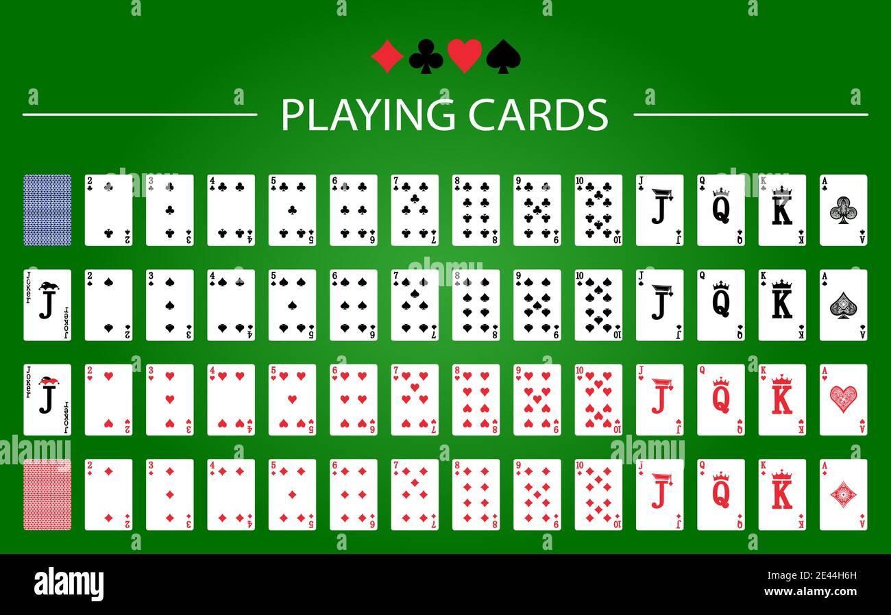 Poker-Set mit isolierten Karten auf grünem Hintergrund Stock Vektor Poker-Set mit isolierten Karten auf grünem Hintergrund Stock Vektor