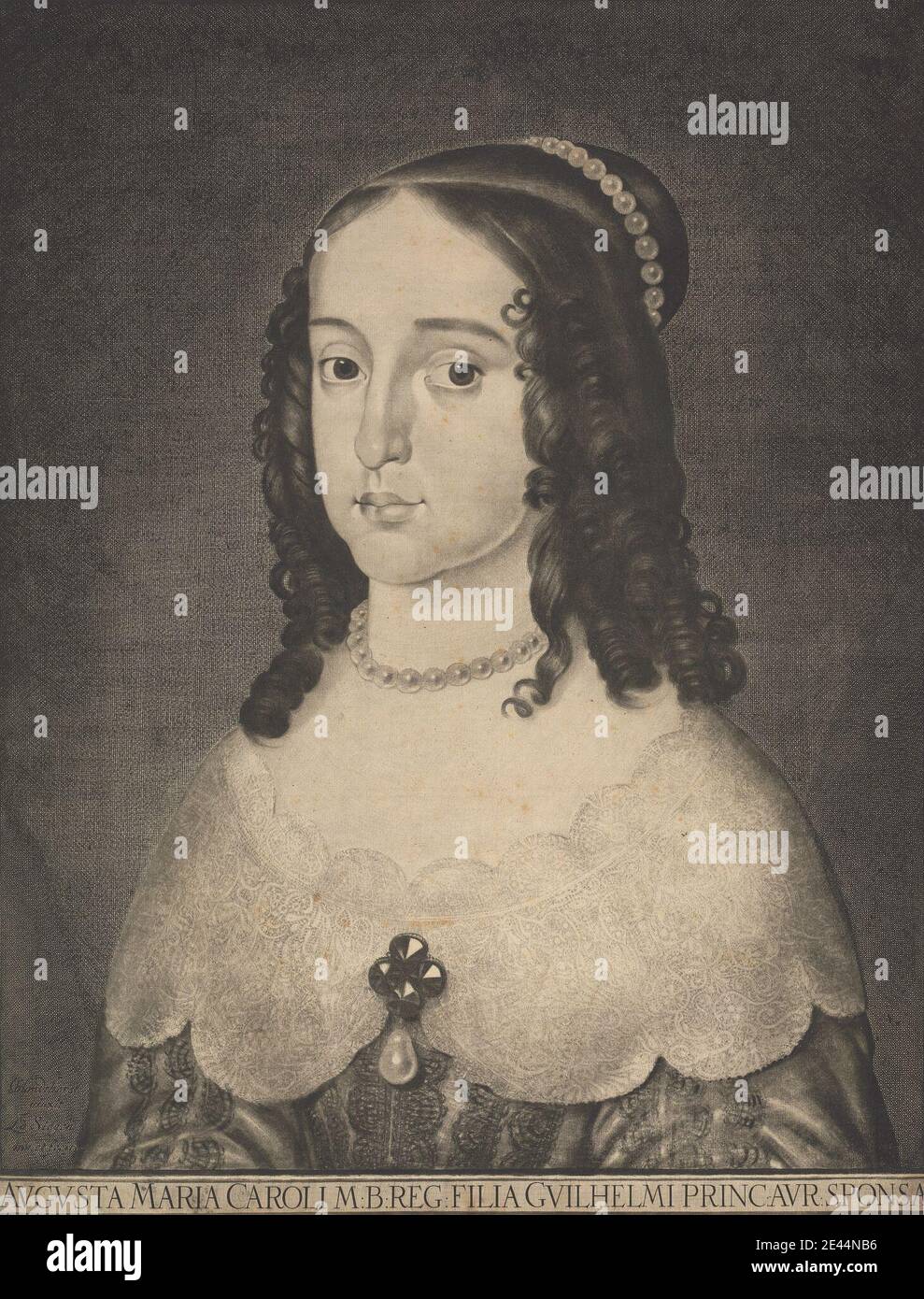 Druck gemacht von Ludwig von Siegen, 1609â€“ c.1680, Deutsch, Mary Stuart, Prinzessin von Orange, 1643. Mezzotint und Liniengravur auf Medium, leicht strukturiert, cremefarbenen Papier gelegt. Mädchen, Perlen, Portrait, Royalty. Mary Stuart Stockfoto