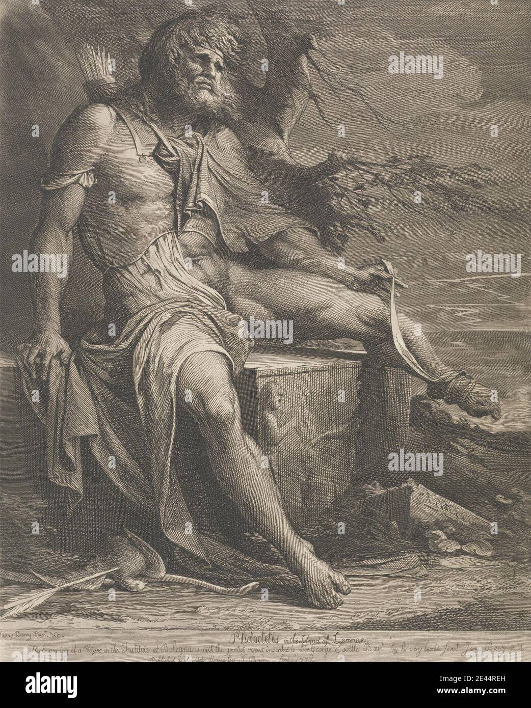 James Barry, 1741â € "1806, Irish, Philoctees in der Insel Lemnos, 1777. Gravur. Pfeile, Verband, Geburt, Küste, religiöse und mythologische Thema, Baum Stockfoto