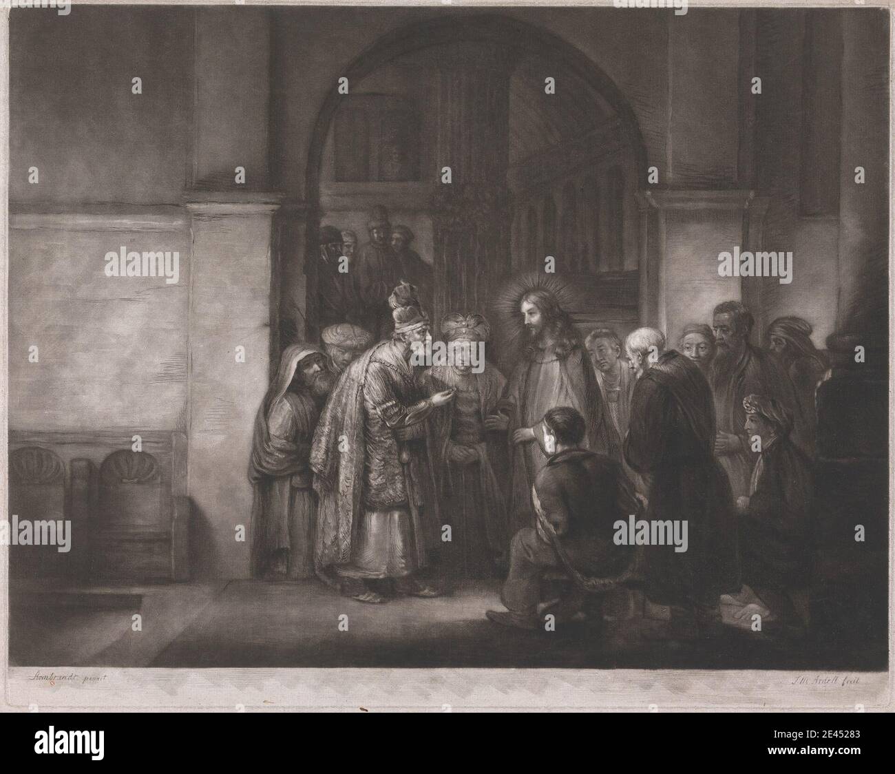 Druck von James McArdell, ca. 1729â €"1765, Irisch, die Tribute Geld, undated. Mezzotint auf Medium, mäßig strukturiert, cremefarbenen Papier gelegt. Torbogen, Christentum, Menge, Jünger, Halo, Mantel, Neues Testament, bezahlen, Kirchenbier, religiöse und mythologische Thema, Steuersammler, Lehre, Tempel, Turbanen. Jesus Christus (7-2 v. Chr./BCE bis 30-36 n. Chr.) Petrus, der Apostel, St. (ca. 1 v. Chr. - ca. 68 N. CHR.) Stockfoto